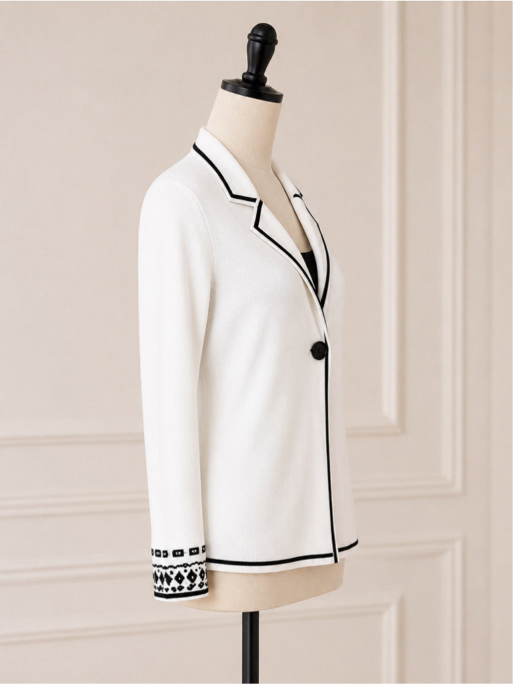 White & Black Rhinestone Cuff One-Button Knit Sweater Jacket - Picture 7 of 10